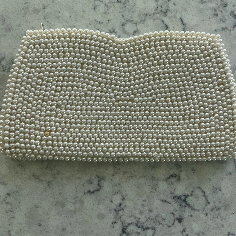 RARE‎ Vintage Pearl Beaded Clutch W/ Silver Arrows Handmade In Japan Great Cond